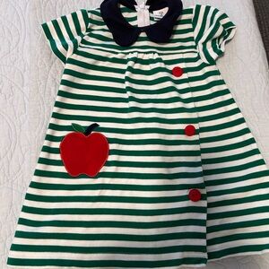 Florence Eiseman Green and White Striped Dress with Apple Patch
